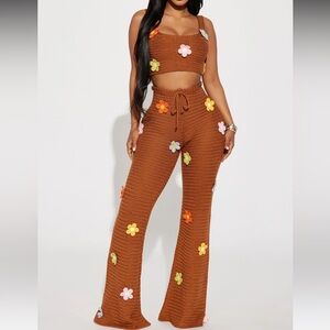 NEW FashionNova Crochet Brown Floral Pant Top Set